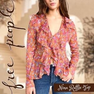 FREE PEOPLE Nina Semi-Sheer Bell Sleeve Ruffle Accent Floral Blouse NWT/MD!